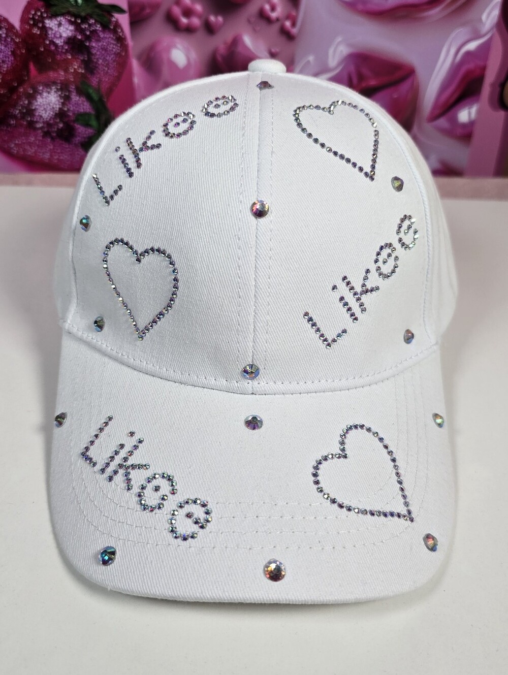 White Jeweled 'Likee' Heart Embellished Baseball Cap